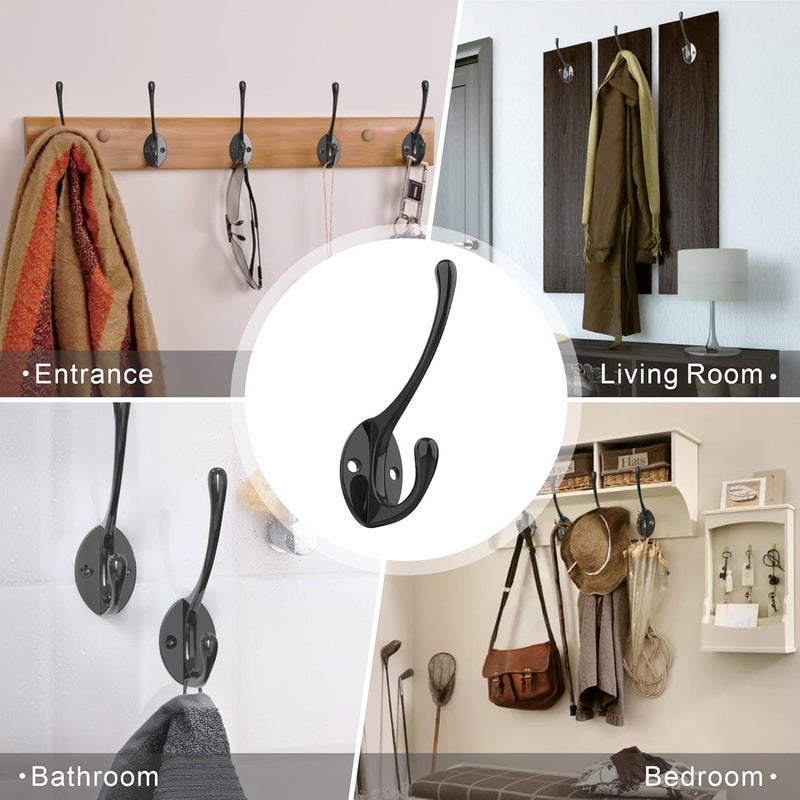 PRIGVOT Heavy-Duty Metal Coat Hooks for Wall, 10-Pack Black Wall Mounted Hooks with 20 Screws, Double Robe Hooks for Coat, Hat, Robe, Towel, Entryway, Bathroom, Kitchen - Image 2